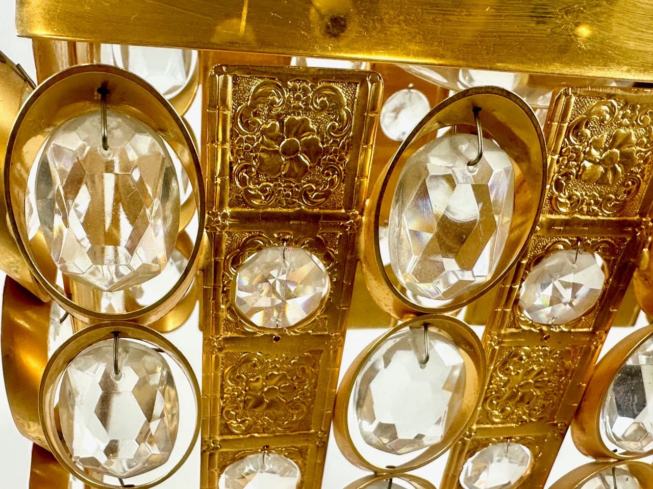 Żyrandol prostokątny, transparentny kryształ, mosiądz złocony, Niemcy, lata 60. - 151566