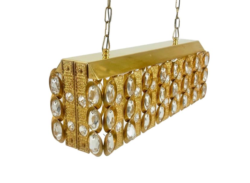 Żyrandol prostokątny, transparentny kryształ, mosiądz złocony, Niemcy, lata 60.