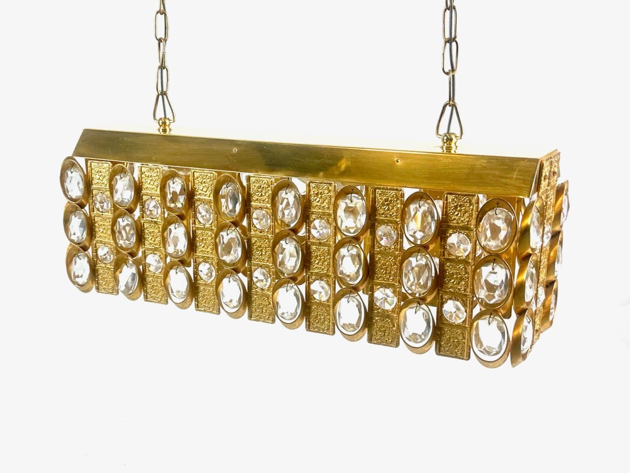 Żyrandol prostokątny, transparentny kryształ, mosiądz złocony, Niemcy, lata 60. - 151565