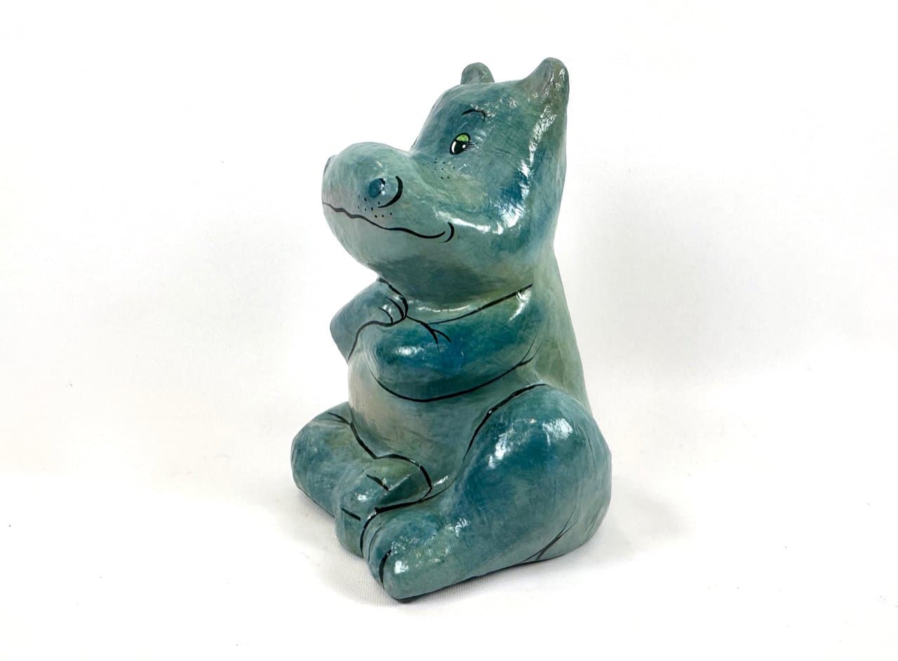 Figurka hipopotama siedzącego, niebieski, papier mâché, lata 60. - 151576