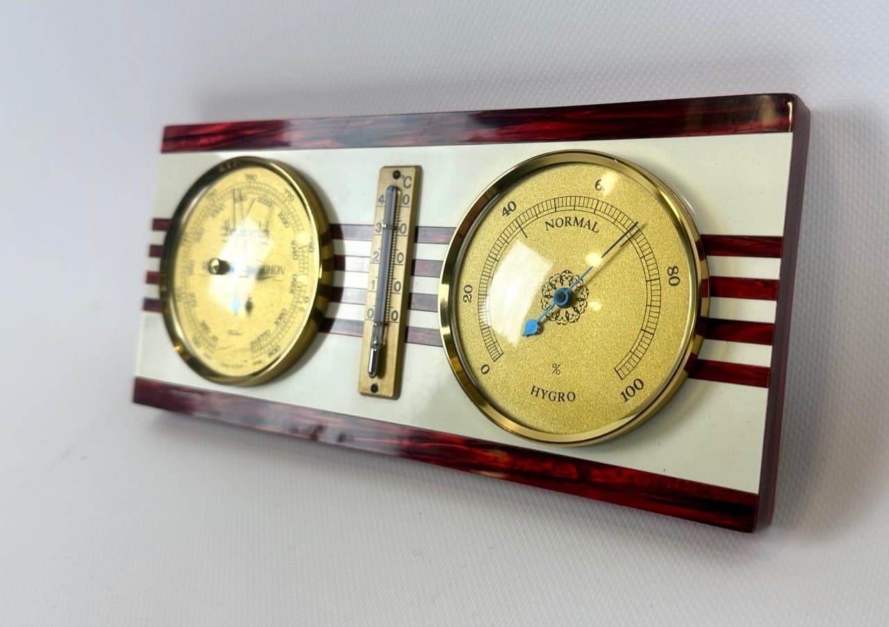 Stacja pogodowa, bordowy, mosiądz, plastik, drewno, Niemcy, lata 80. - 151612