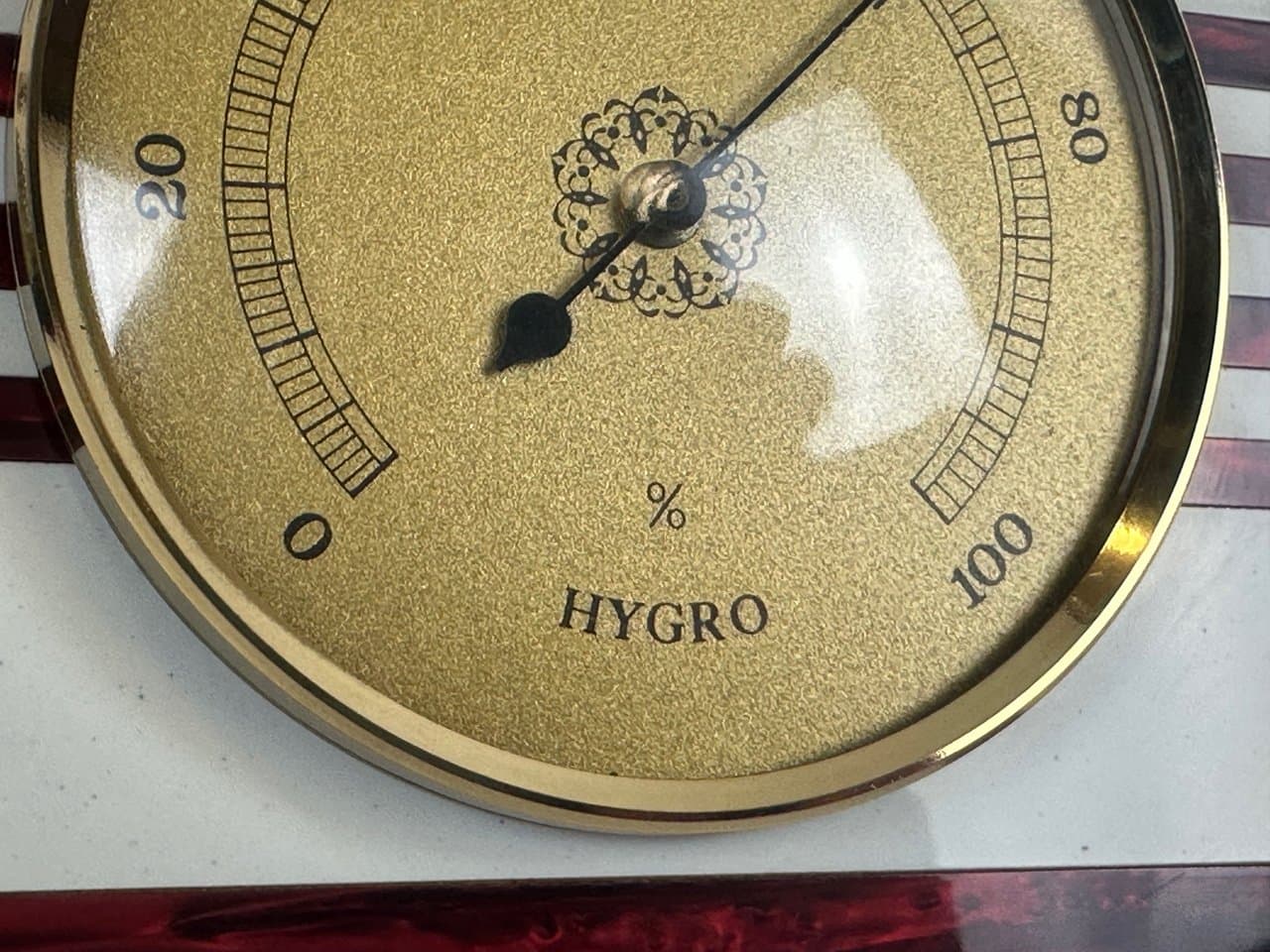 Stacja pogodowa, bordowy, mosiądz, plastik, drewno, Niemcy, lata 80. - 151615