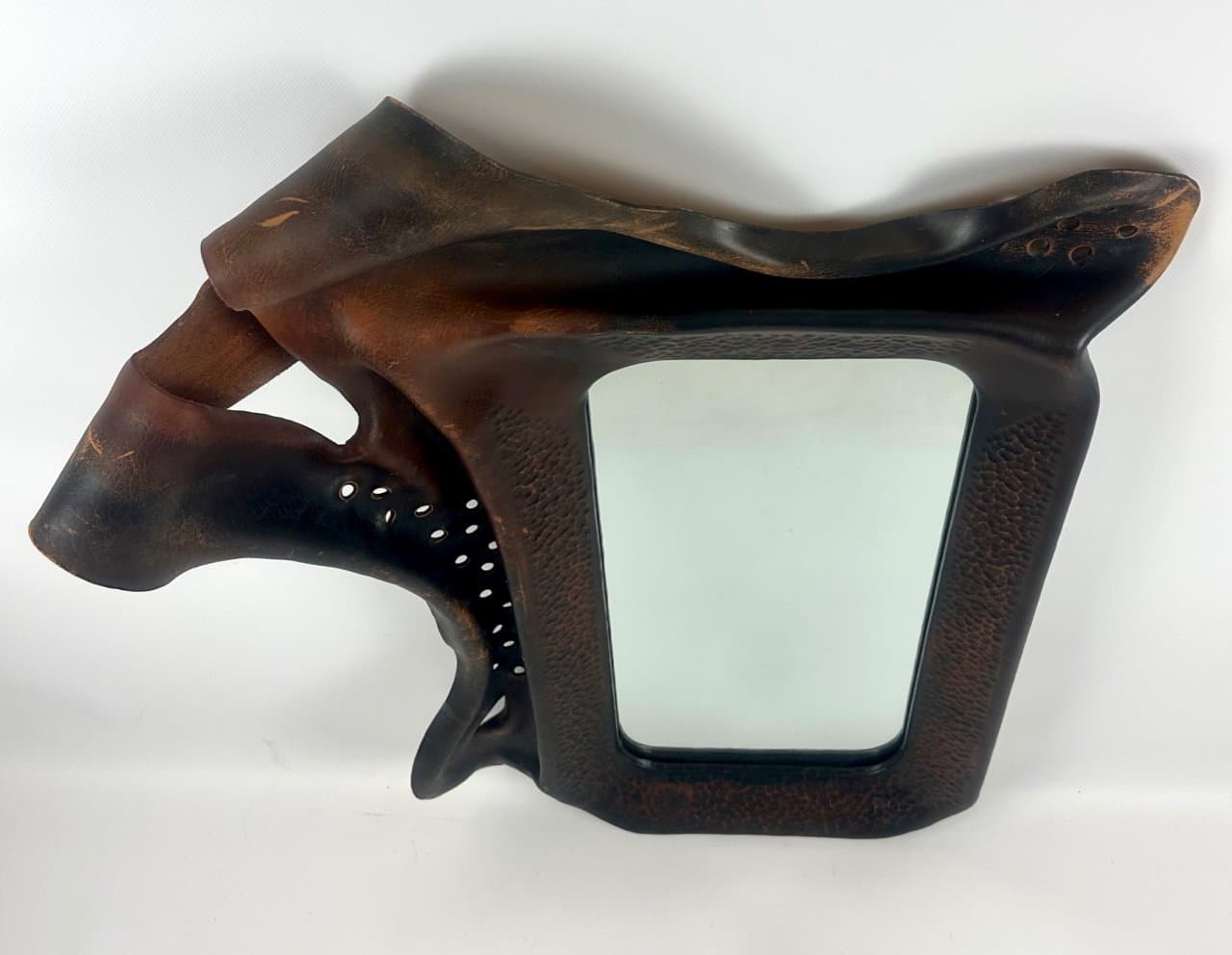 Brutalist mirror, dark brown leather, wood, glass, Poland, 1970s. - 151640