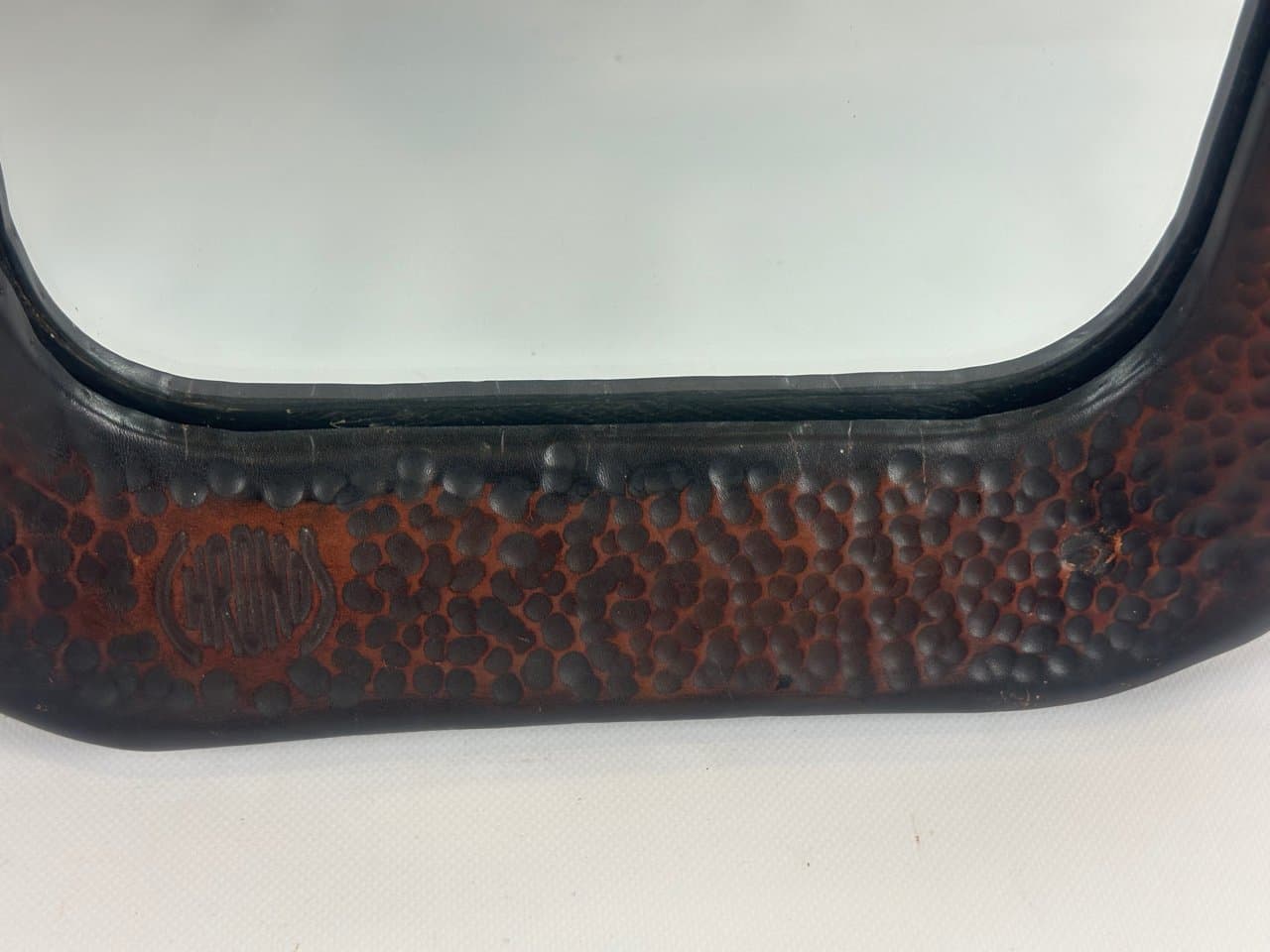 Brutalist mirror, dark brown leather, wood, glass, Poland, 1970s. - 151637