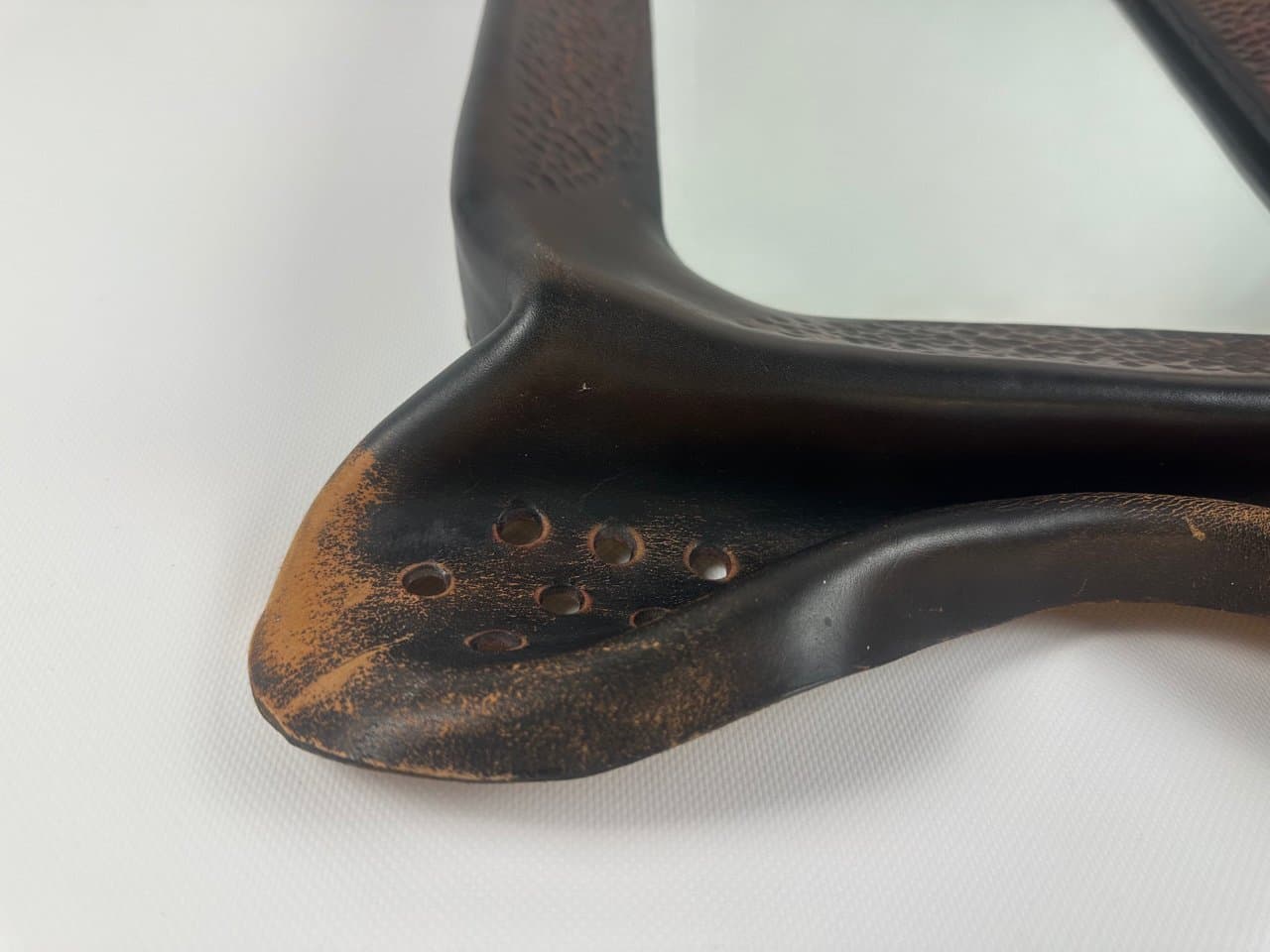 Brutalist mirror, dark brown leather, wood, glass, Poland, 1970s. - 151638