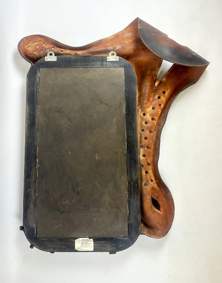 Brutalist mirror, dark brown leather, wood, glass, Poland, 1970s. - 151634