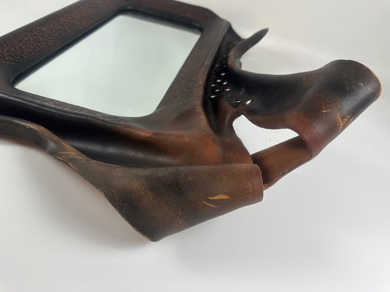 Brutalist mirror, dark brown leather, wood, glass, Poland, 1970s. - 151639