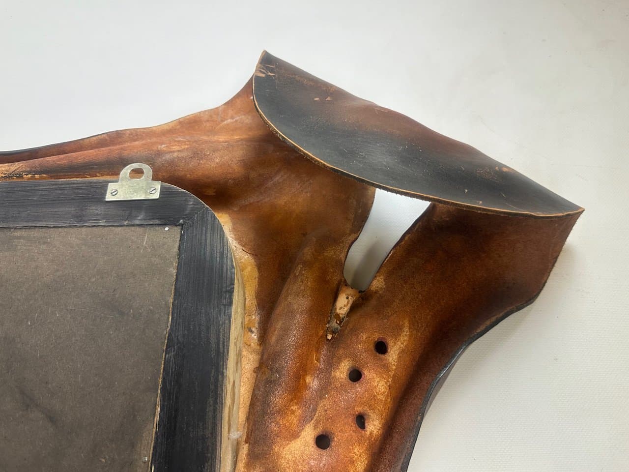 Brutalist mirror, dark brown leather, wood, glass, Poland, 1970s. - 151633