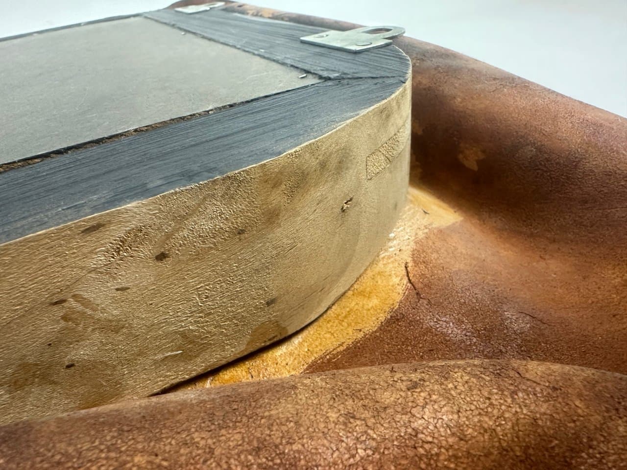 Brutalist mirror, dark brown leather, wood, glass, Poland, 1970s. - 151630