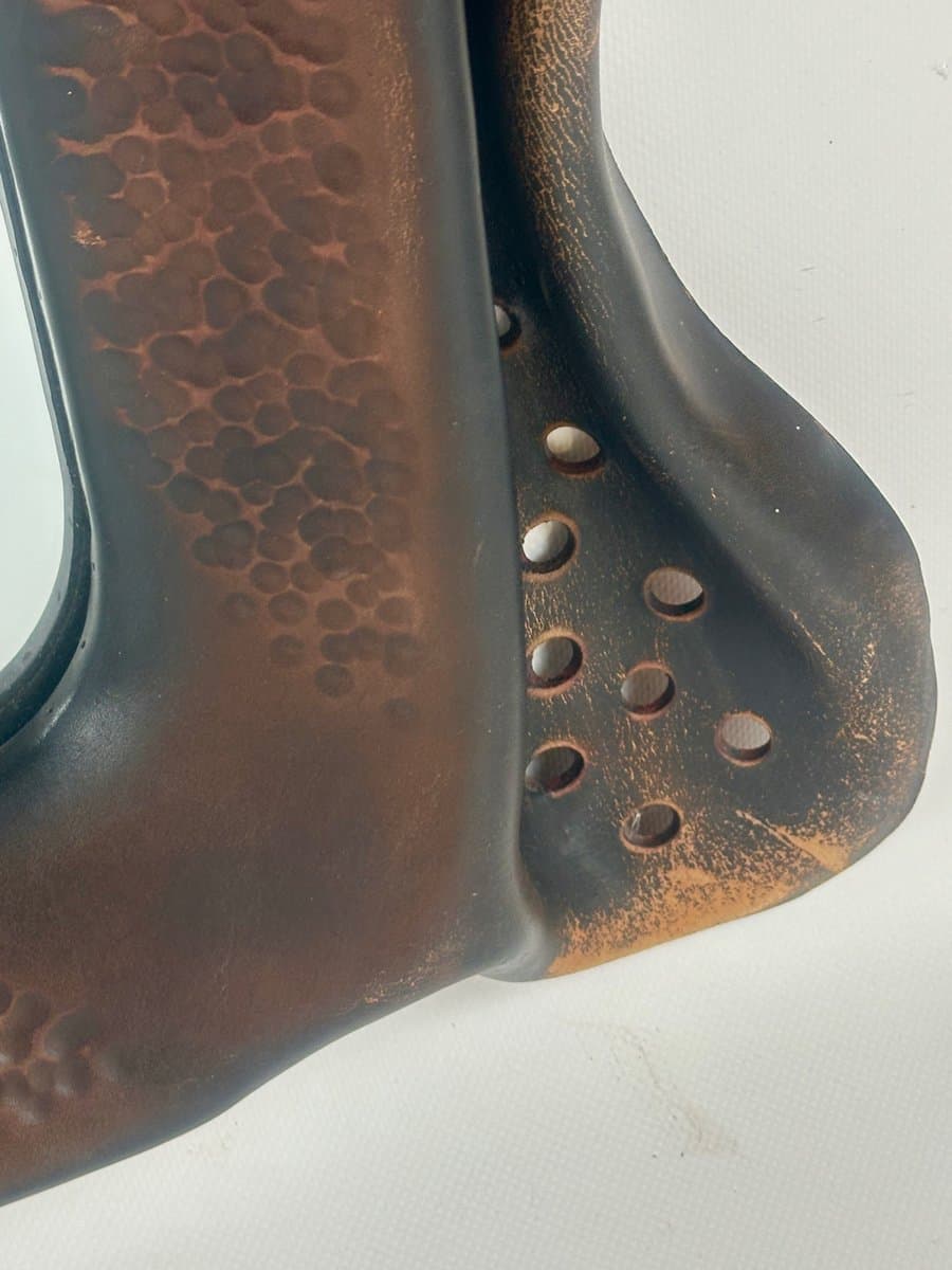 Brutalist mirror, dark brown leather, wood, glass, Poland, 1970s. - 151628