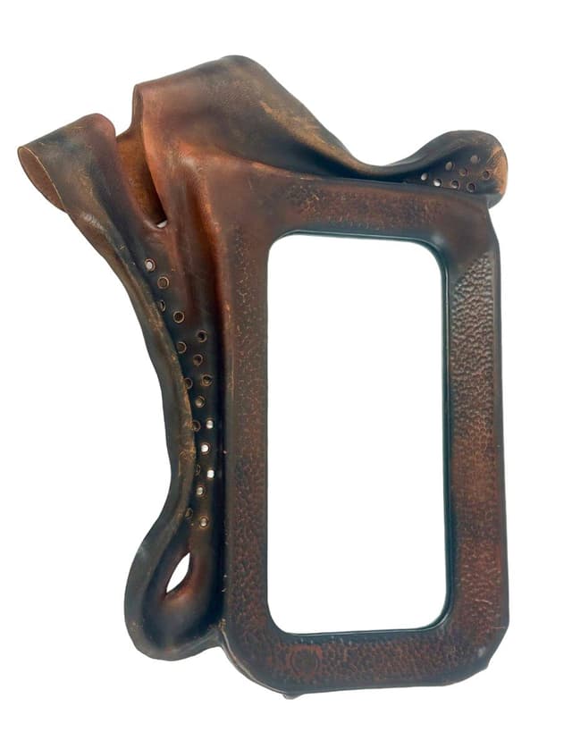 Brutalist mirror, dark brown leather, wood, glass, Poland, 1970s. - DIMENSION