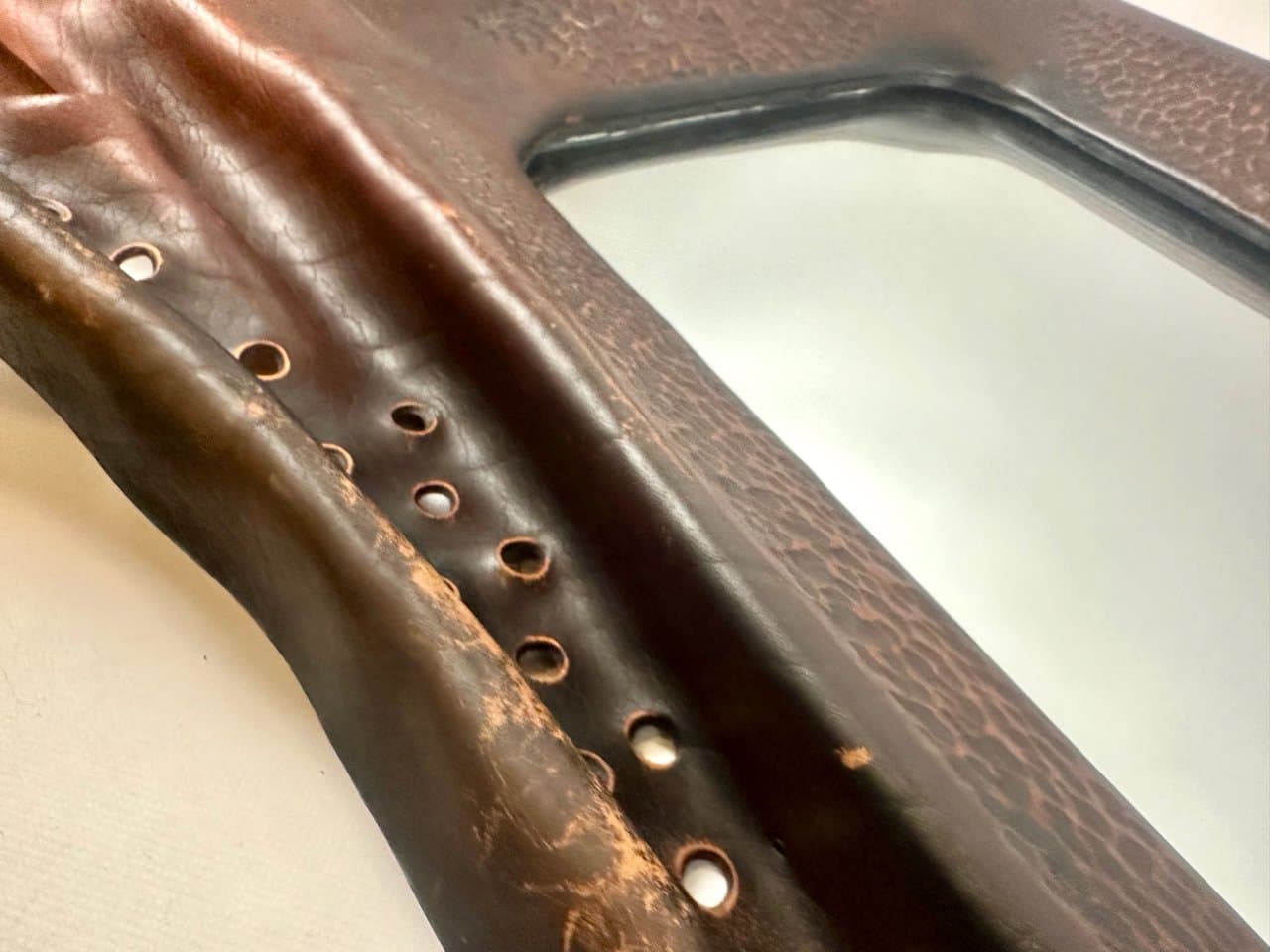 Brutalist mirror, dark brown leather, wood, glass, Poland, 1970s. - 151635