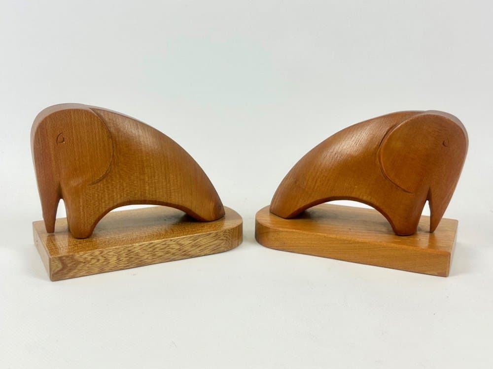 Para podpórek do książek Elephant, brązowy, drewno, Dania, lata 60. - 151752