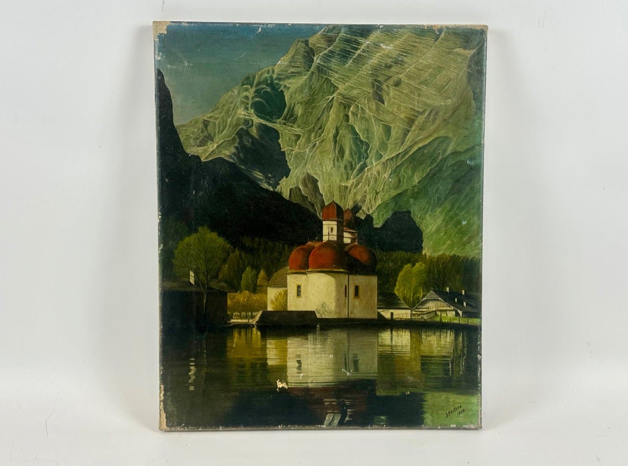 Painting St. Bartholomä by the Königssee Lake, multicolored, oil on canvas, by J. Peeters, Germany, 1950s. - 151921