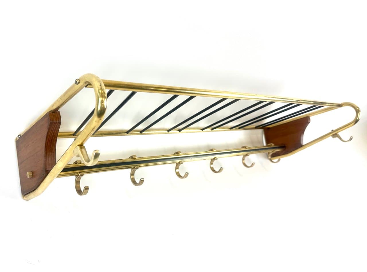 Wieszak stojący, teak ciemnobrązowy, mosiądz złoty, stal czarna, Niemcy, lata 50. - 151954