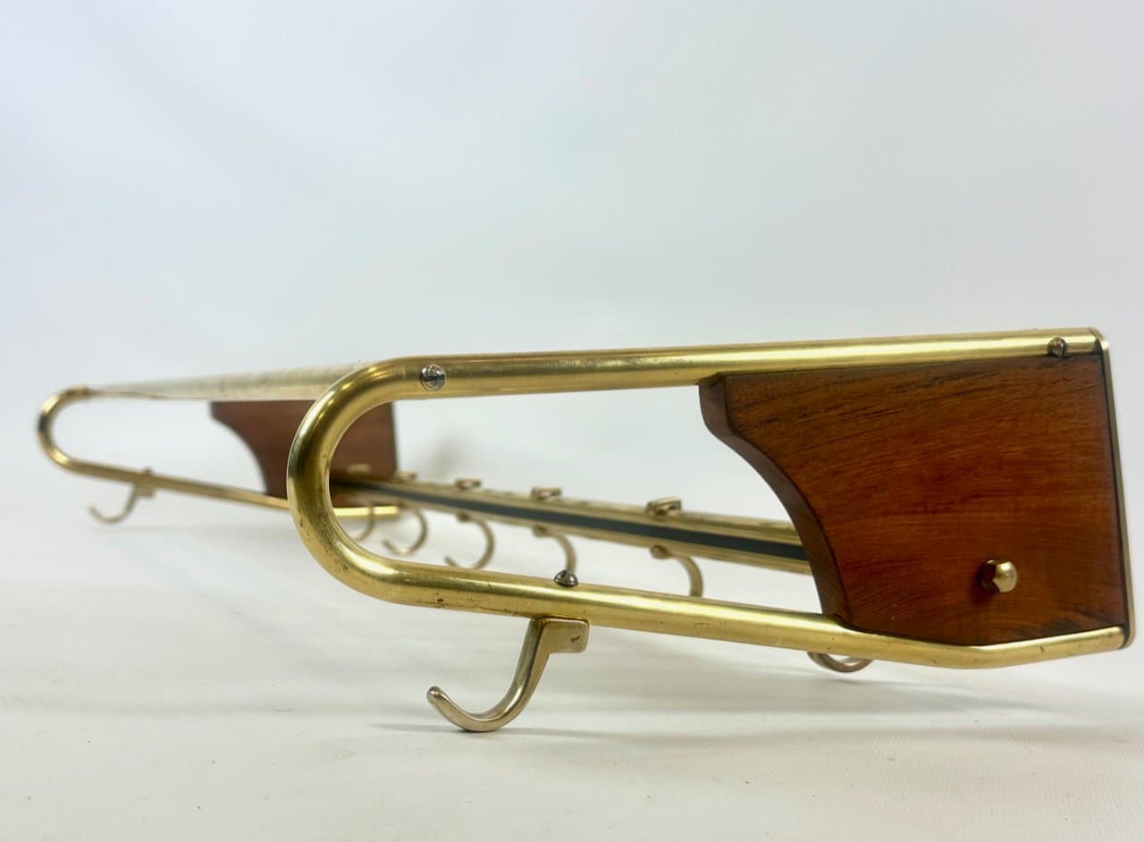 Wieszak stojący, teak ciemnobrązowy, mosiądz złoty, stal czarna, Niemcy, lata 50. - 151957