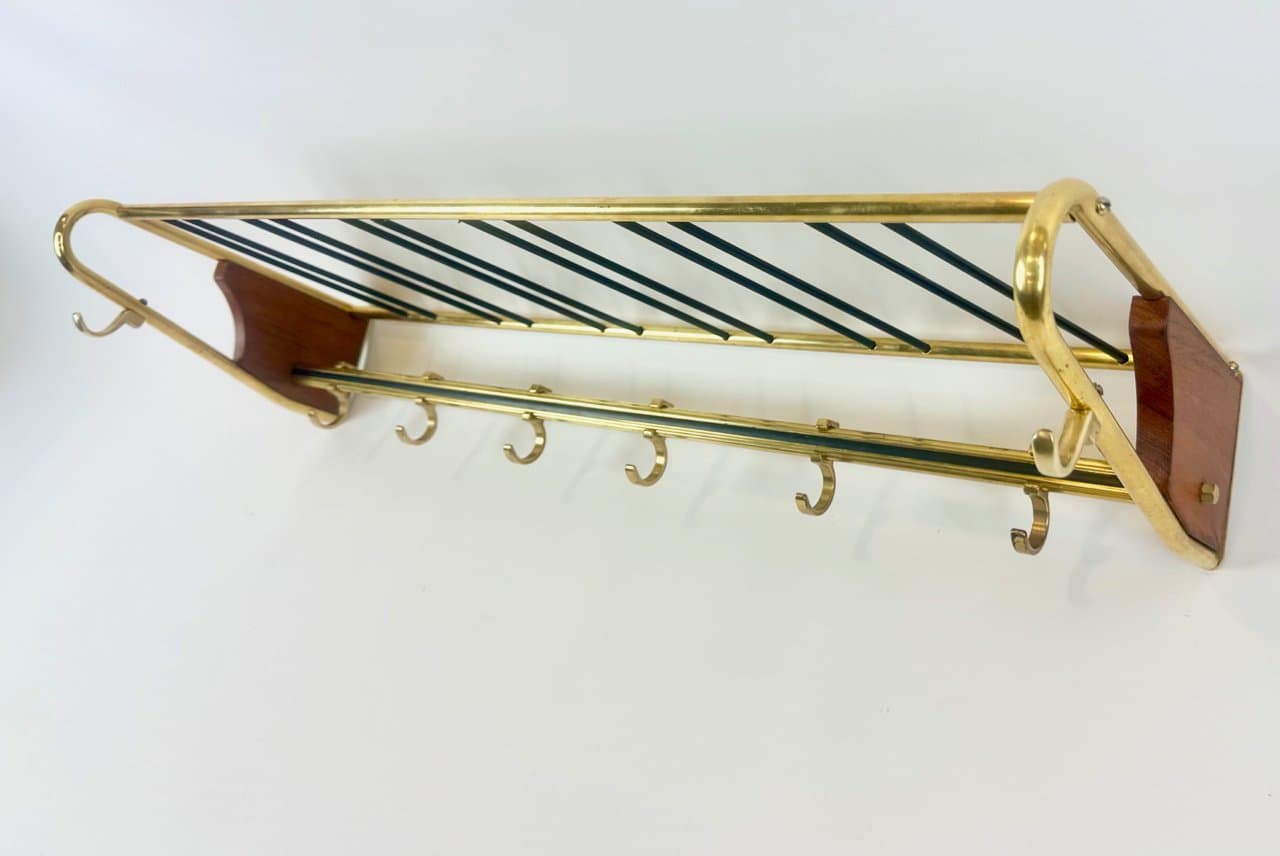 Wieszak stojący, teak ciemnobrązowy, mosiądz złoty, stal czarna, Niemcy, lata 50. - 151952