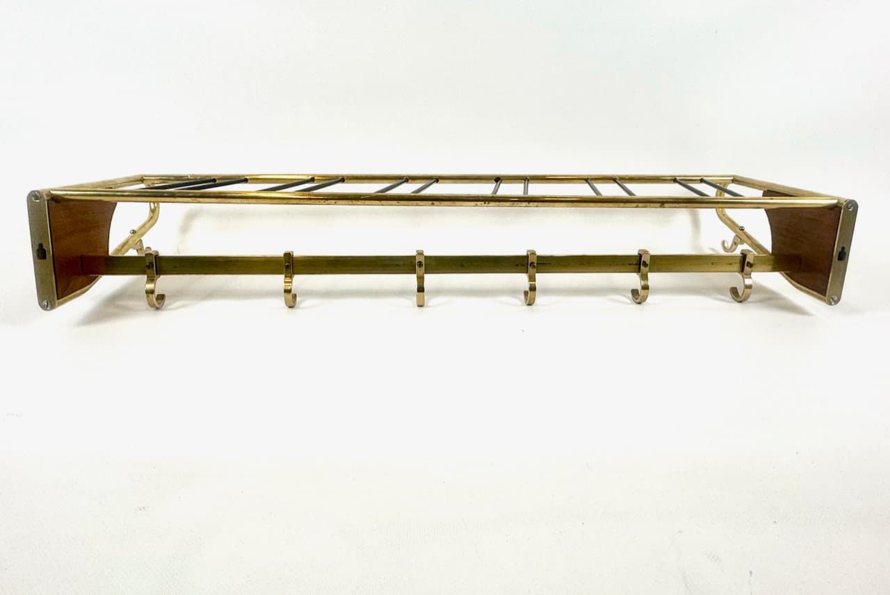 Wieszak stojący, teak ciemnobrązowy, mosiądz złoty, stal czarna, Niemcy, lata 50. - 151947