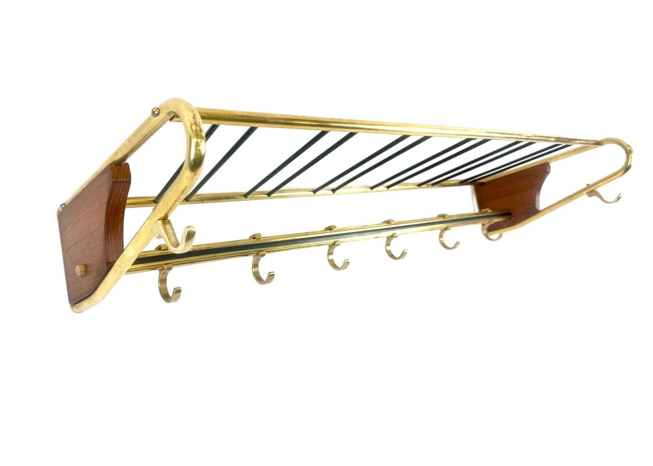 Wieszak stojący, teak ciemnobrązowy, mosiądz złoty, stal czarna, Niemcy, lata 50. - 148484