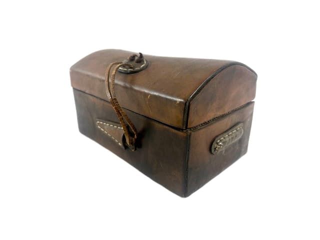 Pudełko na biżuterię, brązowy, skóra naturalna, Polska, lata 80. - WYMIARY