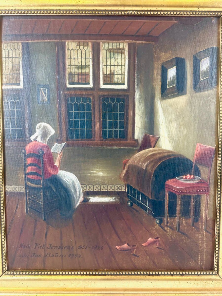 Obraz Czytająca kobieta, multikolor, olej na płótnie, aut. J. Baüm, Niemcy, lata 40. - 152052