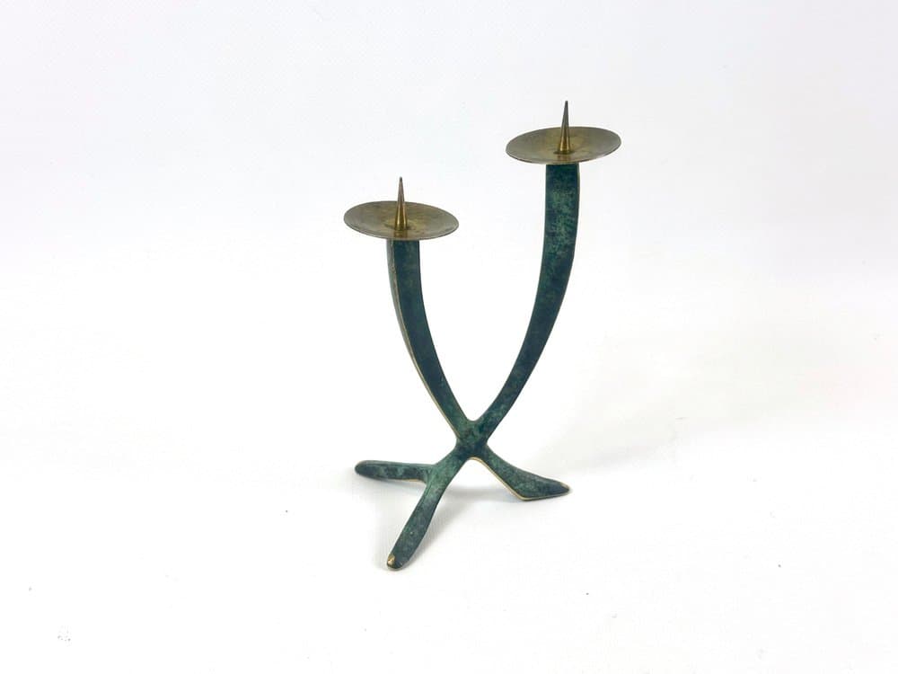 Świecznik trójramienny, zielony, brąz, lata 60. - 152279