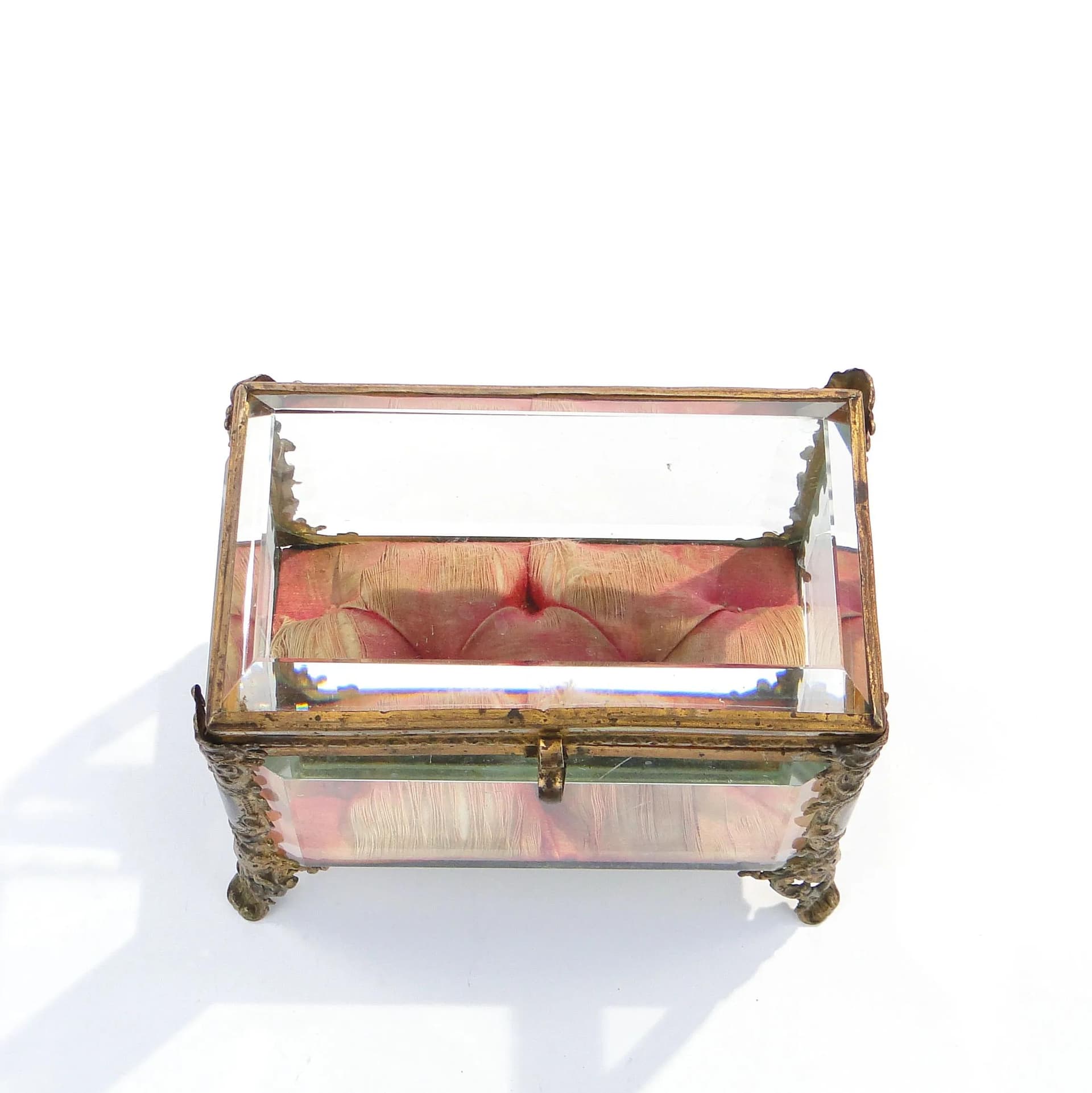 Pudełko na biżuterię, szkło kryształowe transparent, brąz złocony, Francja, XIX w. - 9163