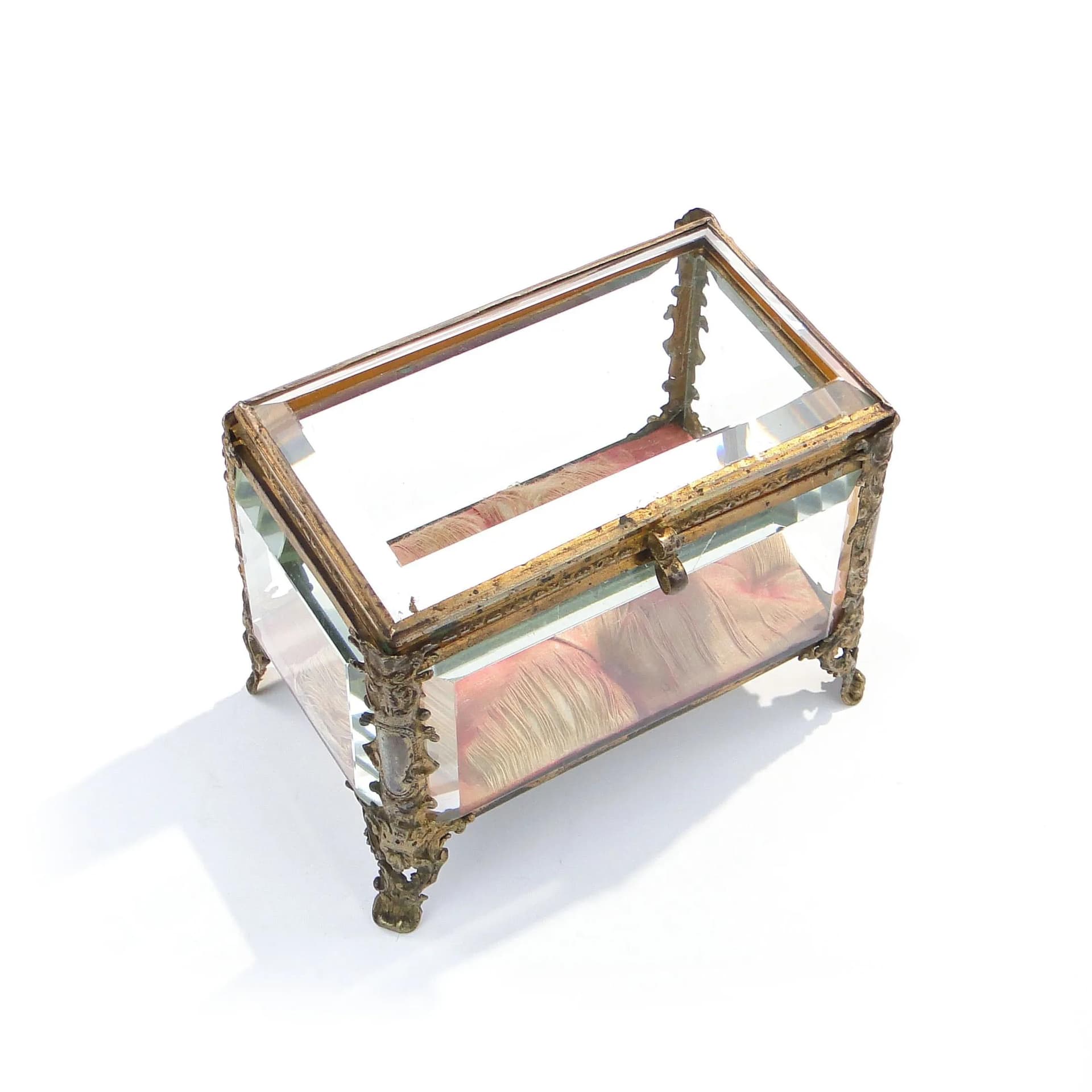 Pudełko na biżuterię, szkło kryształowe transparent, brąz złocony, Francja, XIX w. - 9158
