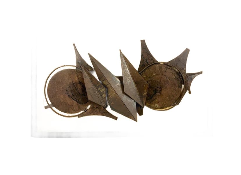 Relief ścienny Brutalistyczny, brązowy żółty, żeliwo drewno juta, Dania, lata 80.