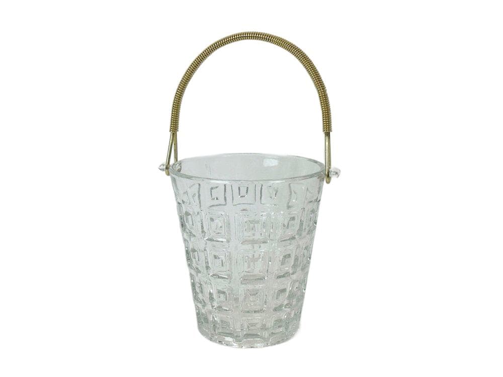 Ice bucket, transparent glass, brass, Holmegaard, Denmark, 1960s.
