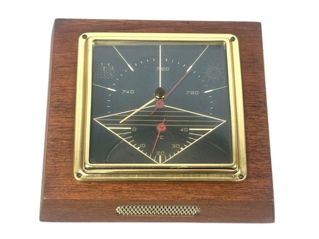 Stacja pogodowa, teak brązowy, mosiądz, Dania, lata 60. - WYMIARY