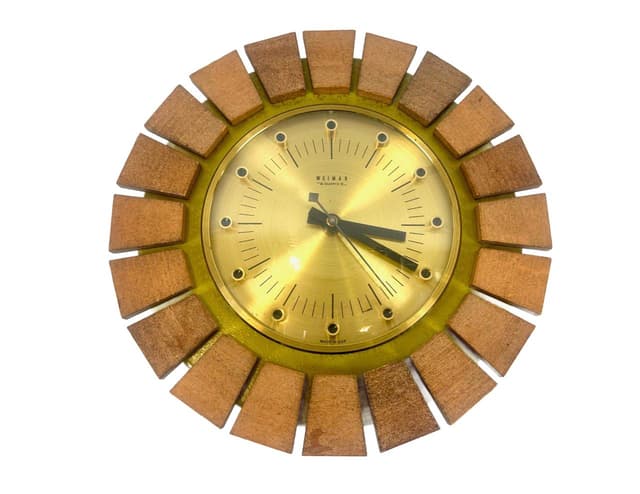 Zegar ścienny, brązowy, teak mosiądz, Niemcy, lata 60. - WYMIARY