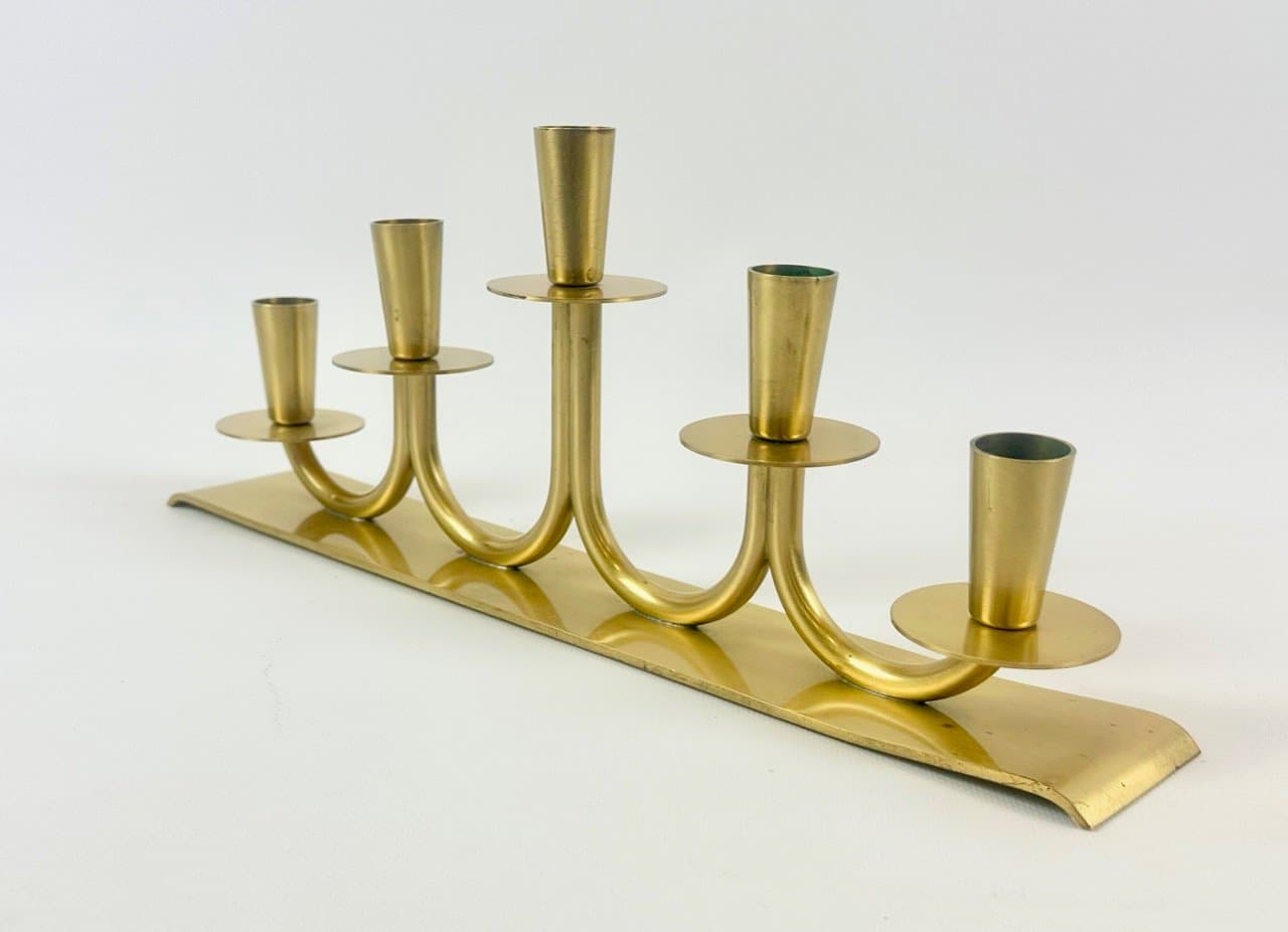 Świecznik, złoty, mosiądz, proj. W. Andersson, Ystad Metall, Szwecja, lata 50. - 152904