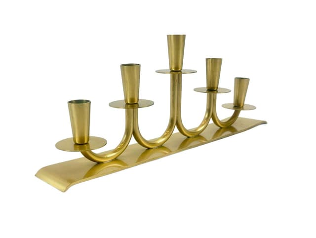 Świecznik, złoty, mosiądz, proj. W. Andersson, Ystad Metall, Szwecja, lata 50. - WYMIARY
