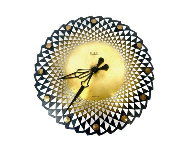 Zegar ścienny, czarny złoty, mosiądz stal, Niemcy, lata 60. - WYMIARY