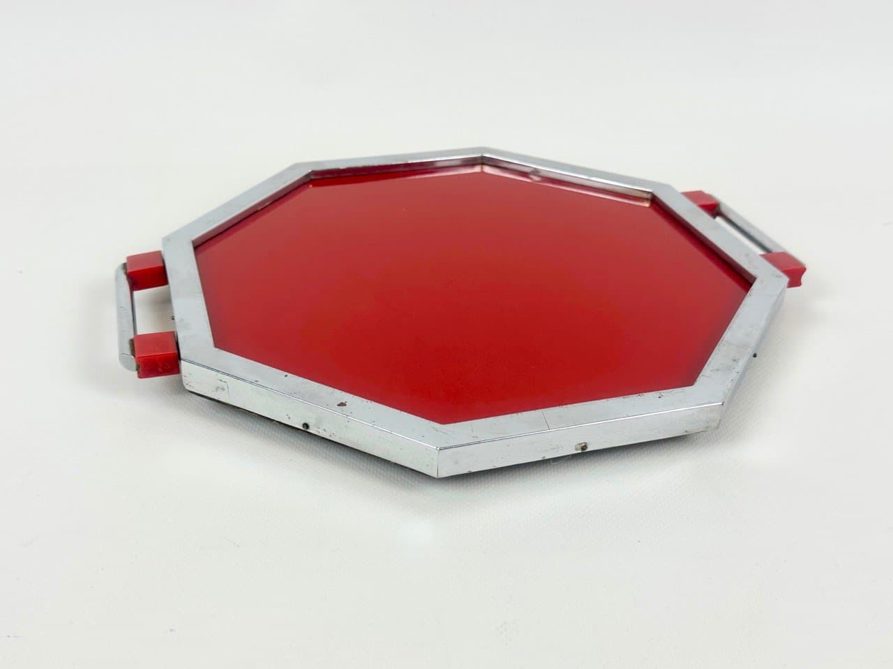 Tray Art Deco, red, glass, chrome steel, Czech Republic, 1930s. - 153269
