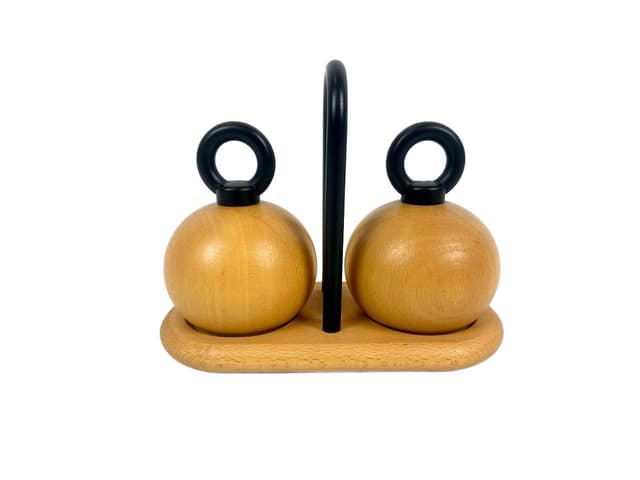 Zestaw młynków Ball Boy, brązowy jasny buk, metal czarny, proj. R. Nissen, C. Jørgensen, Dania, lata 80. - WYMIARY