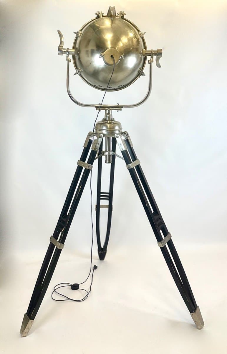 Lampa podłogowa tripod, aluminium srebrny, drewno czarny, lata 80. - 153300