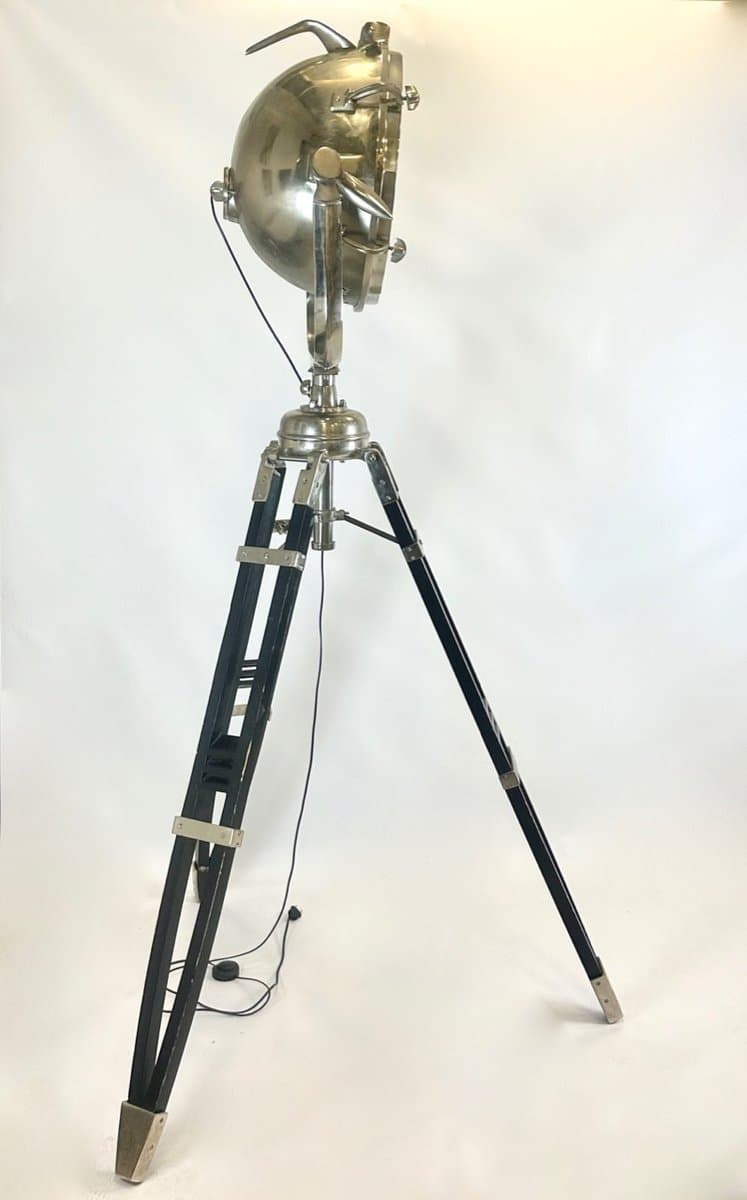 Lampa podłogowa tripod, aluminium srebrny, drewno czarny, lata 80. - 153299