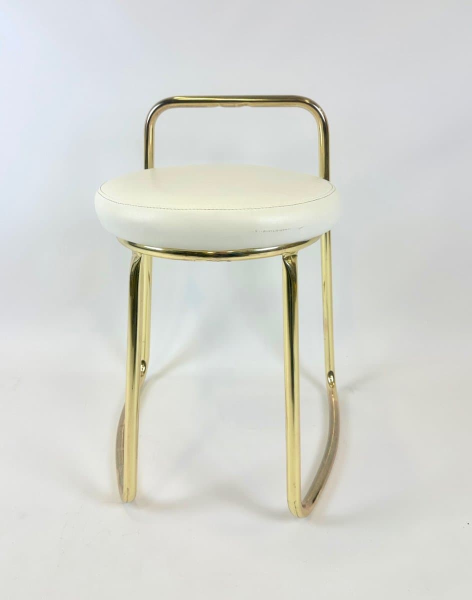 Taboret, złoty, metal, ekoskóra biała, Włochy, lata 80. - 153411