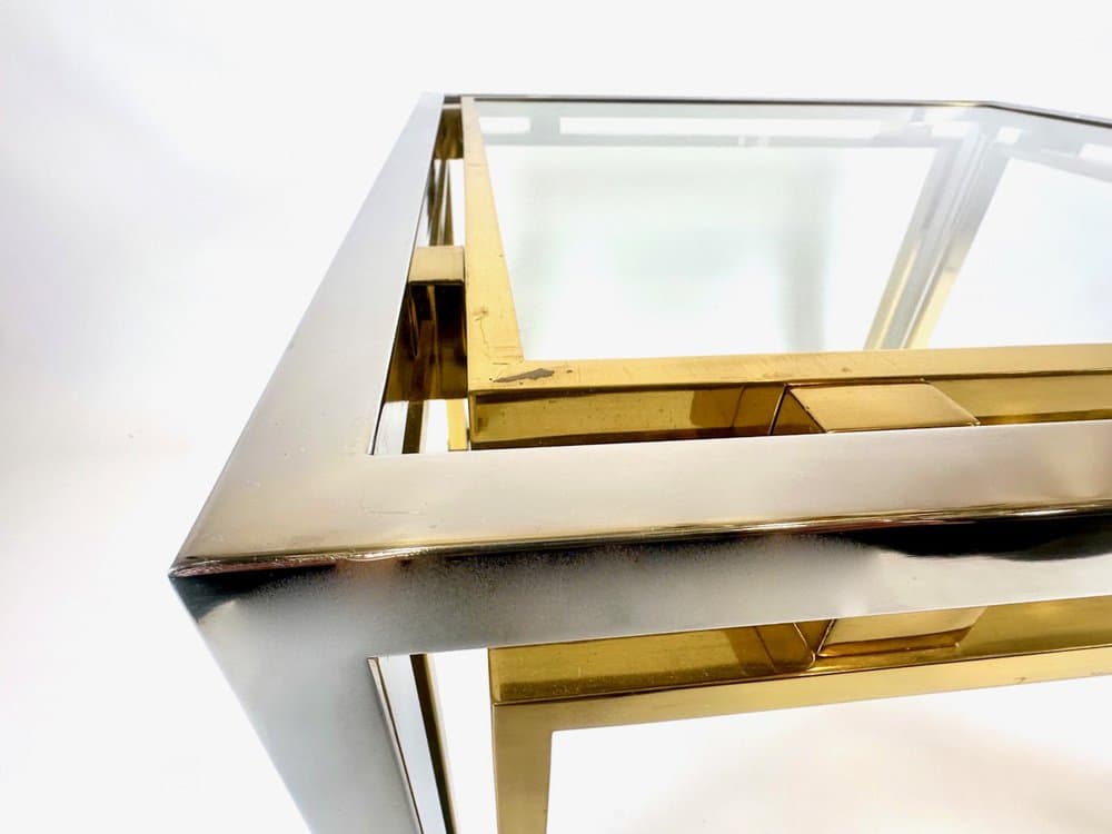 Coffee table, golden, silver, brass, chrome steel, glass, Italy, 1970s. - 153526