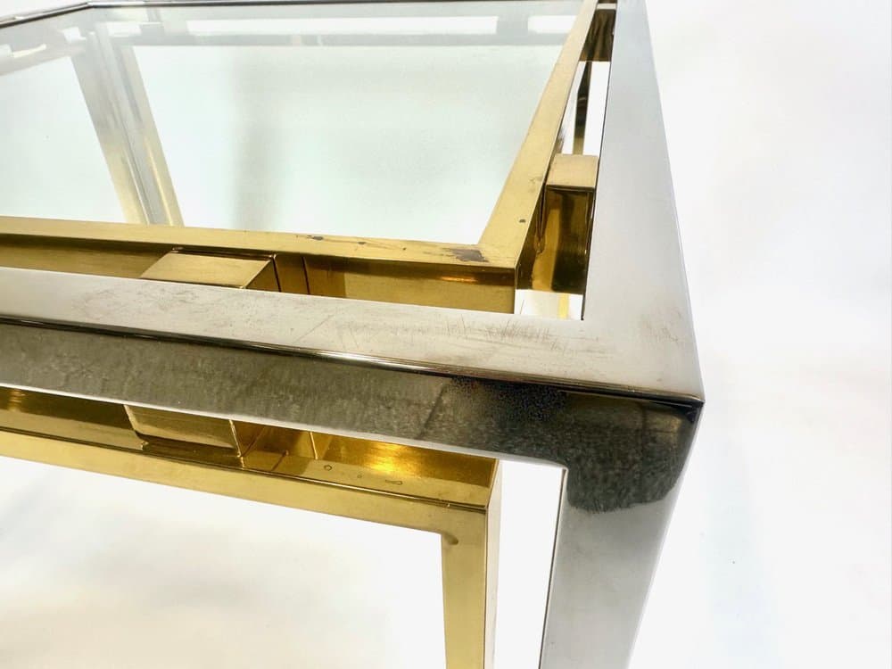 Coffee table, golden, silver, brass, chrome steel, glass, Italy, 1970s. - 153532