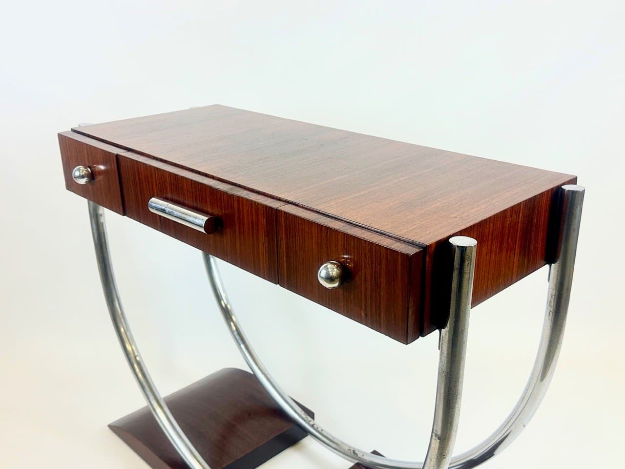 Konsola Art déco, brąz ciemny, mahoń orzech, metal chromowany, lata 30. - 153619