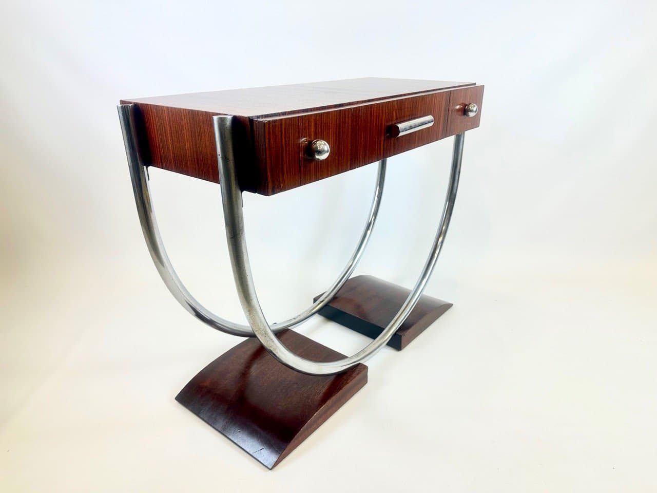 Konsola Art déco, brąz ciemny, mahoń orzech, metal chromowany, lata 30. - 153615