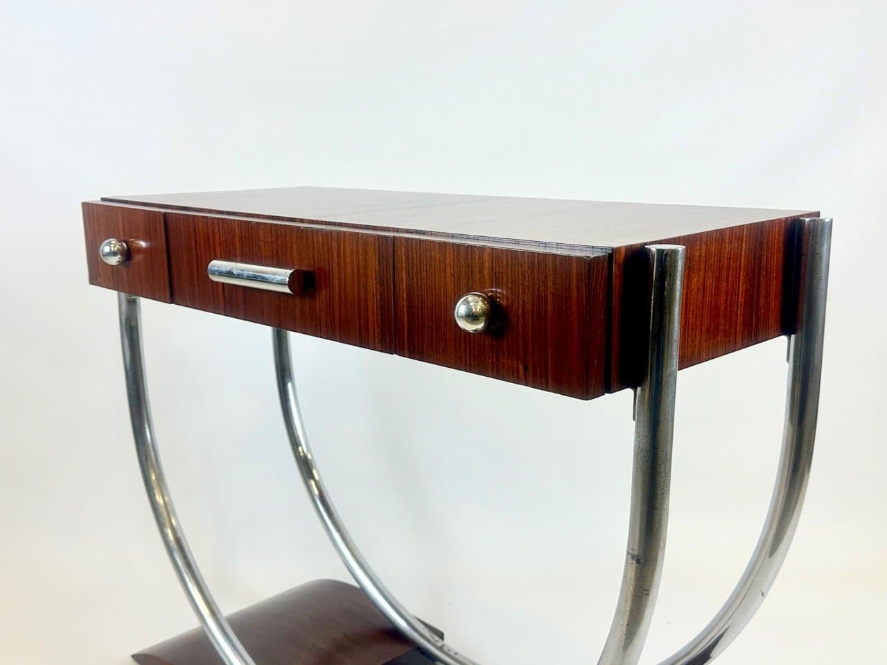 Konsola Art déco, brąz ciemny, mahoń orzech, metal chromowany, lata 30. - 153620