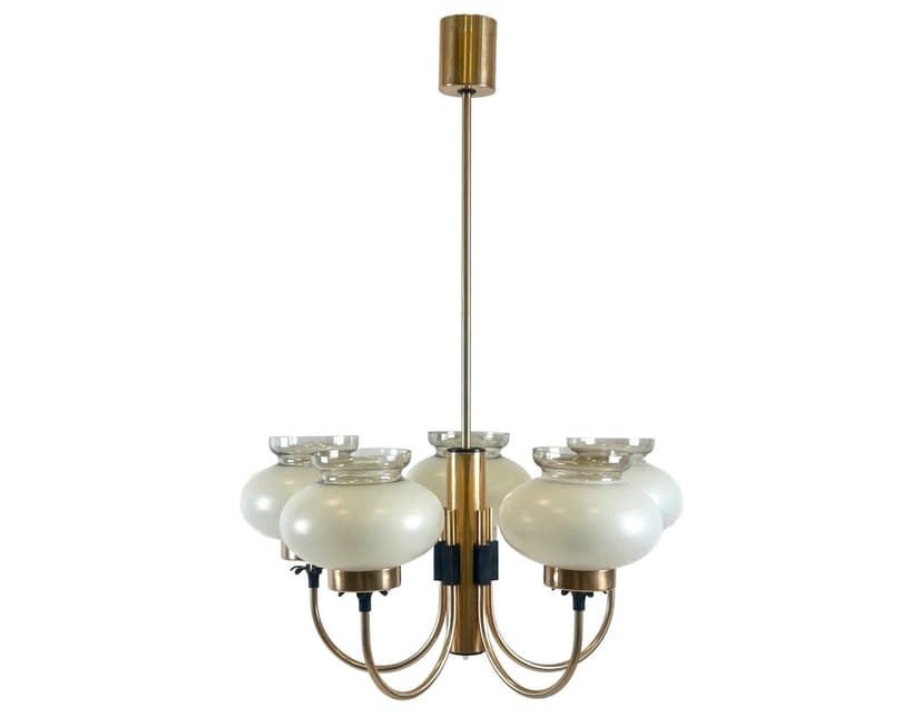 Five-arm pendant light, golden, aluminum glass, Germany, 1970s.