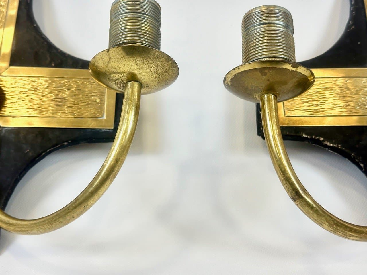 Pair of church wall lamps, black metal, golden brass, Belgium, 1970s. - 153804