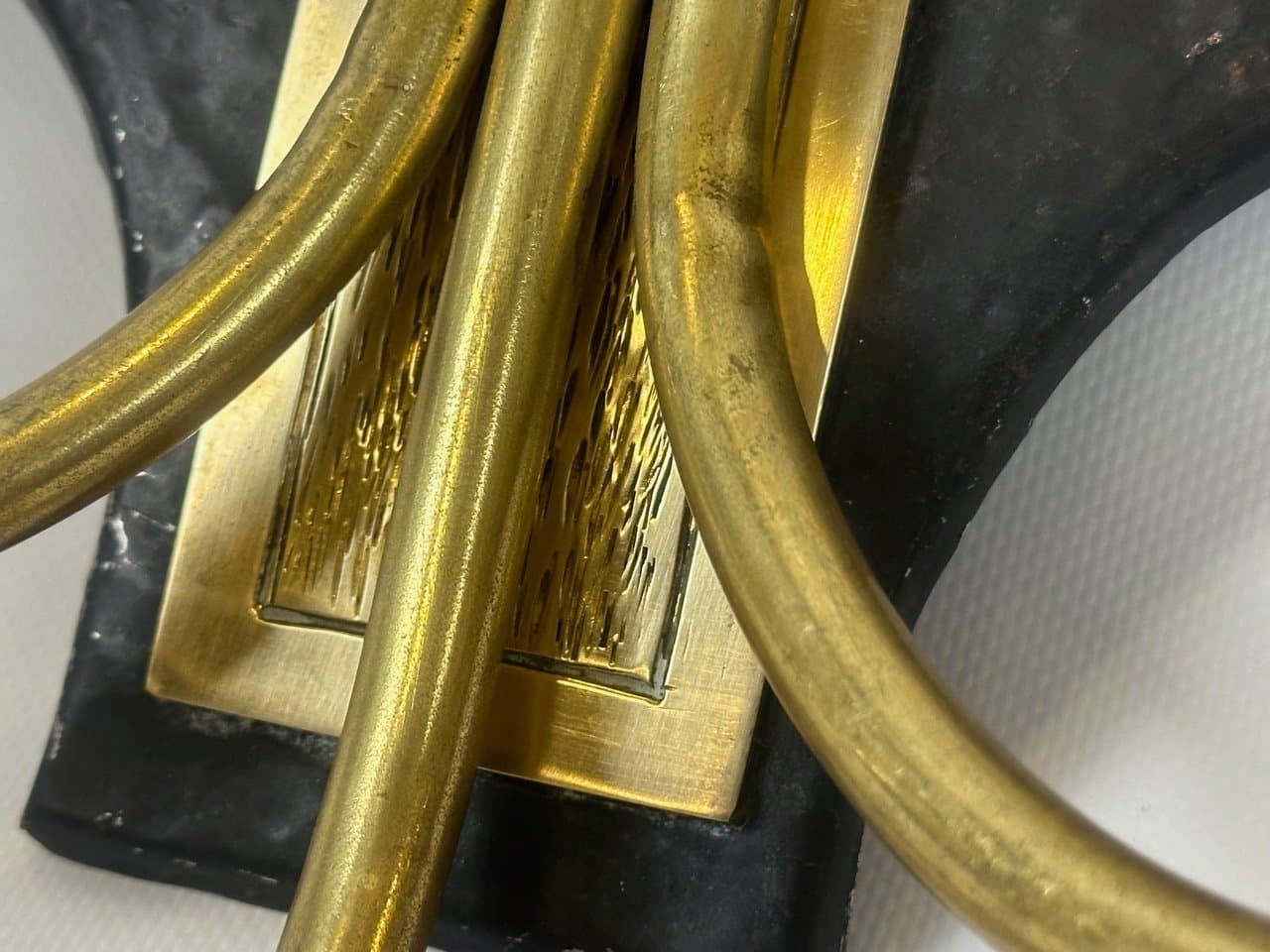 Pair of church wall lamps, black metal, golden brass, Belgium, 1970s. - 153810