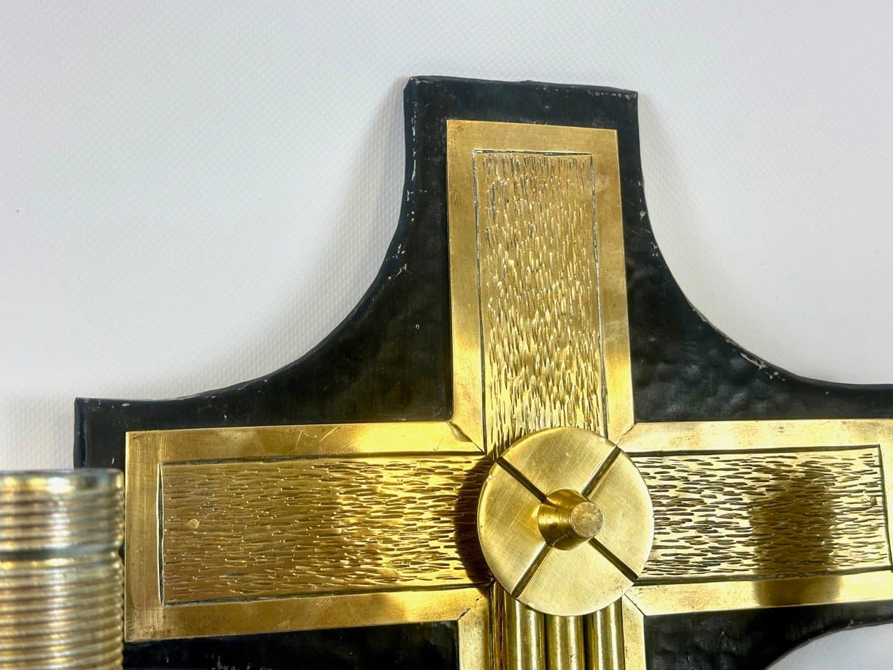 Pair of church wall lamps, black metal, golden brass, Belgium, 1970s. - 153808