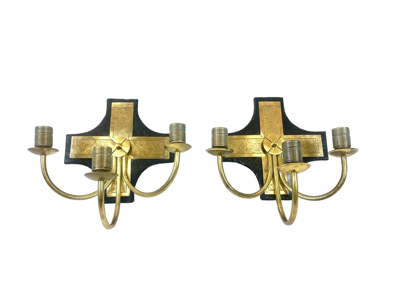 Pair of church wall lamps, black metal, golden brass, Belgium, 1970s.